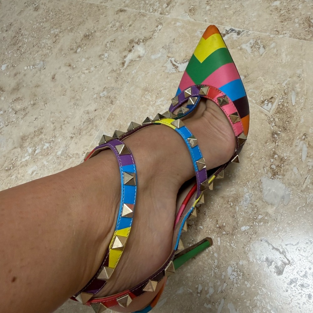 Valentino Multicolor Studded Chevron Pointed-Toe Heel